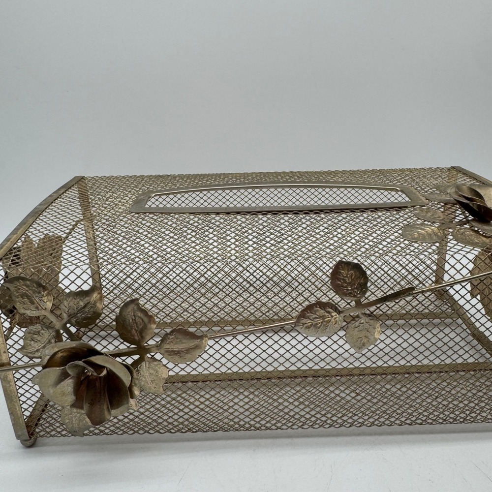 Vintage Hollywood Regency Gold Metal Mesh Tissue Box Cover Holder Mcm Floral Ros
